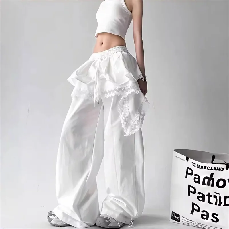 Women's Chic Design Tooling Casual Pants 2026 Spring Autumn New Niche Splicing Lace Trousers Female Dancing Wide-leg Pants