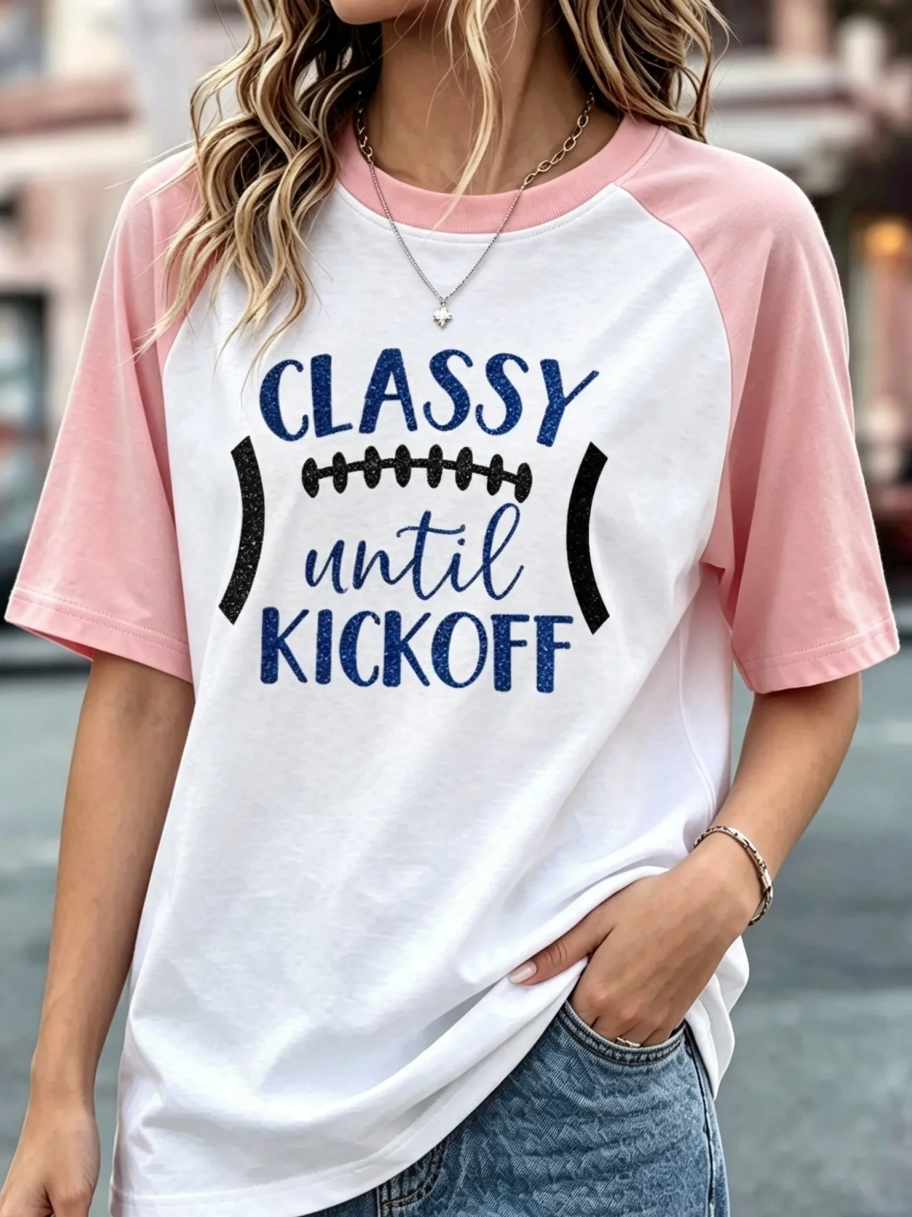 Glitter Classy Until Kickoff Football Laces Graphic Raglan T Shirts, Women Color Block Short Sleeve Game Day Baseball Tee