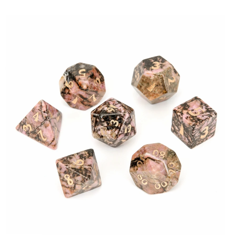 

Spot Goods Natural Rhodonite Polyhedral DND RPG Stone Dice Ornaments Jewelry Accept Custom Font Symbol Pattern Logo