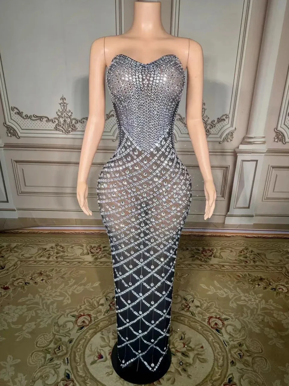 Vestido largo de tubo negro con diamantes de imitación brillantes para mujer, vestido Sexy de malla transparente para noche, cumpleaños, celebración de graduación y sesión de fotos