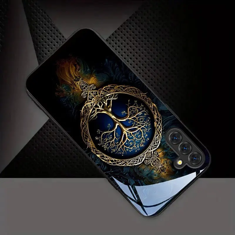 Blue Gold Life Tree Pattern Tempered Glass Phone Case Suitable for Samsung Galaxy S26 S25 S24 S22 S21 S20FE/Ultra/Plus Anti Drop