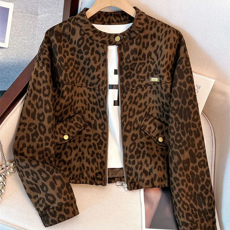 Coffee Leopard Print Fashion Stand Up Collar Short Coat Women's Jacket 2026 Spring Autumn Versatile Slim Casual Top Outerwear