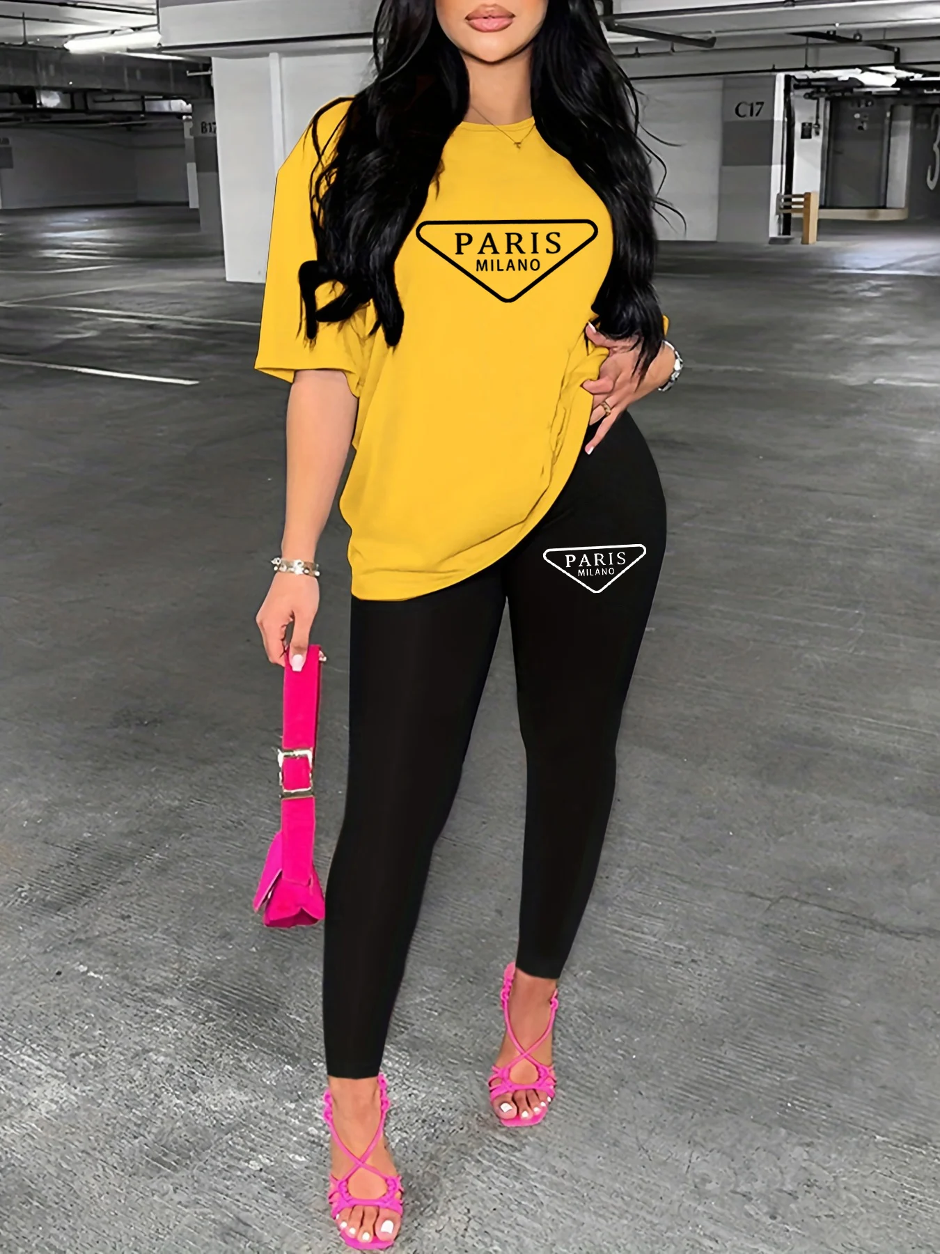 

Women's spring and summer loose casual plus size Paris letter pattern printed short sleeved T-shirt+tight pants two-piece set
