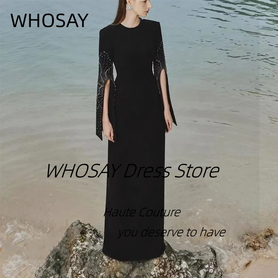 WHOSAY Classical Black Haute Couture Dresses for Evening Party Beaded Long Sleeves Prom Dress Zipper Back Wedding Banquet Gowns