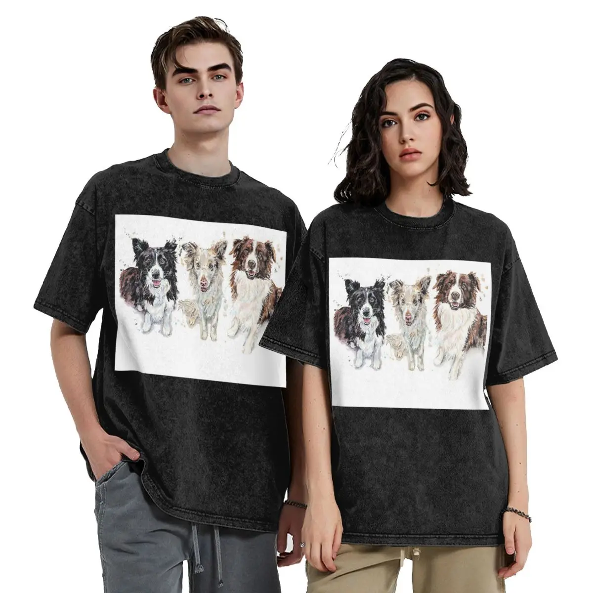 Border Collie Washed T Shirts Oversized Short Sleeve Hip Hop T-Shirt Streetwear Tops Tees for Men Women