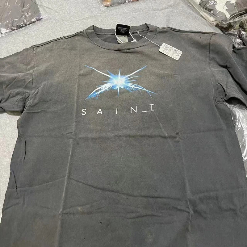 2026ss Distressed Saint Short Sleeve Tshirts High Quality Streetwear Graffiti Printed Round Neck Tee Top