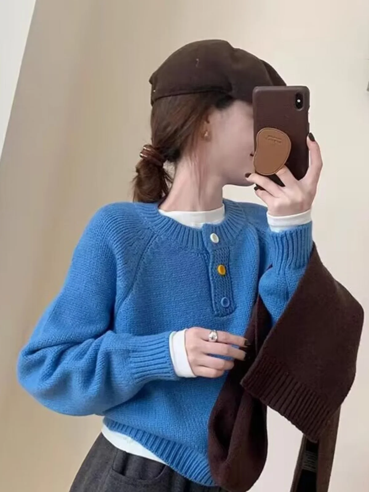 Korean Sle Soft Cozy round Ne Sweater Jaet Women's Spring Autumn New Gentle Sle Color Bule Knitted irt