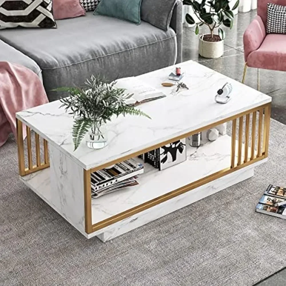 Table basse en faux marbre à 2 niveaux, table de cocktail rectangulaire, table de salon blanche moderne avec rangement ouvert