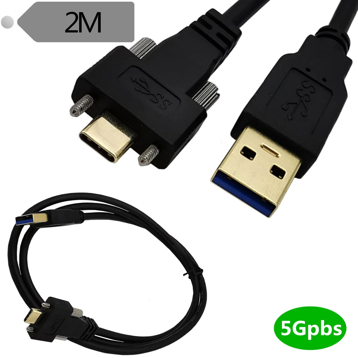 Gold-Plated USB 3.0 A Male To USB 3.1 Type C with Screws Industrial Camera Lock Flat Panel Charging Cable 30cm 1m 2m