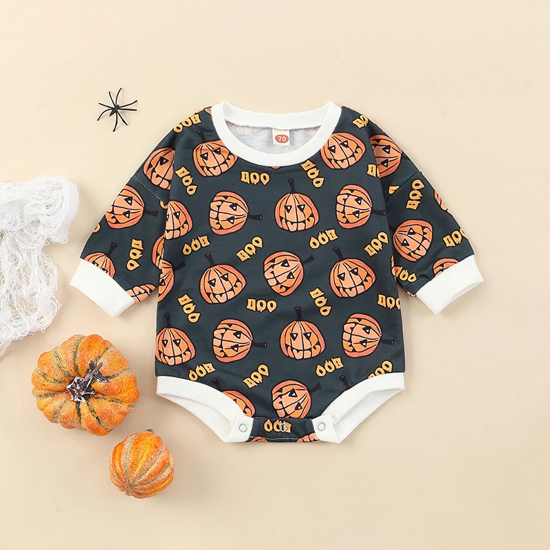 Cute Toddler Halloween Costume Short Sleeve Round Neck Ghost Print Bodysuit for Baby Boys and Girls Halloween Party Outfit