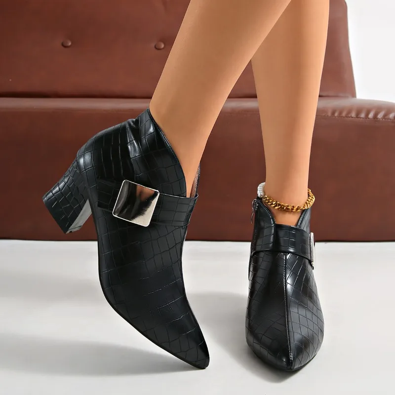 Fashion New Hot Sale Crocodile Pattern Casual Women's Ankle Boots 2026 Trendy Simple Style Pointed Toe Mid Heel Women Boots