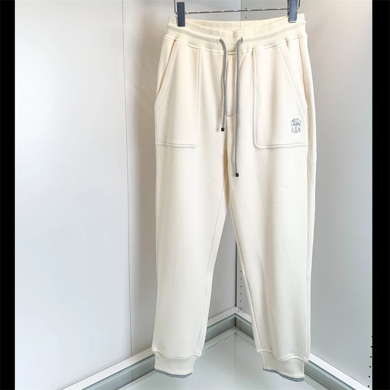 

Trendy Brand Men's Fce Lined Woolen Casual Pants Elastic Waist Warm Sweatpants All Matched Cuffed Long Trousers Autumn Winter