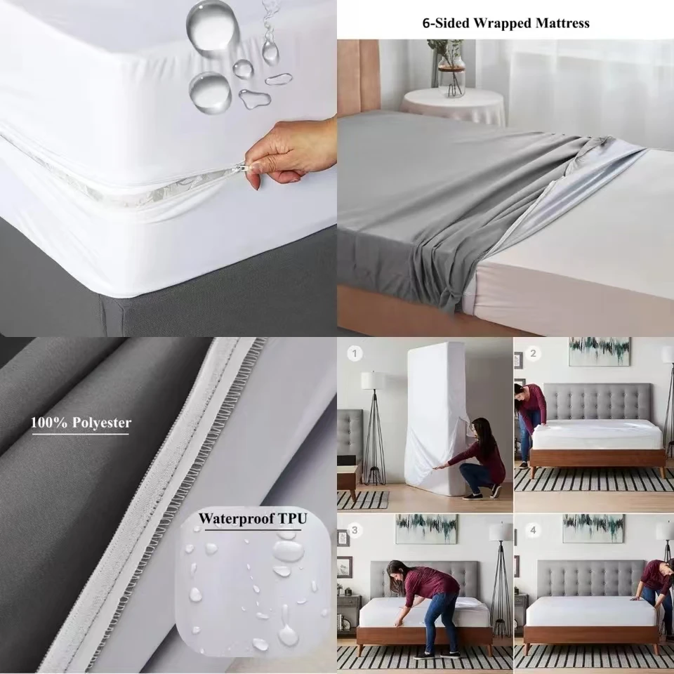 Fully Enclosed Waterproof Fitted Sheet with Zipper 6-Sides Dust-proof Mattress Cover for Double Bed, Twin, Full, Queen, King