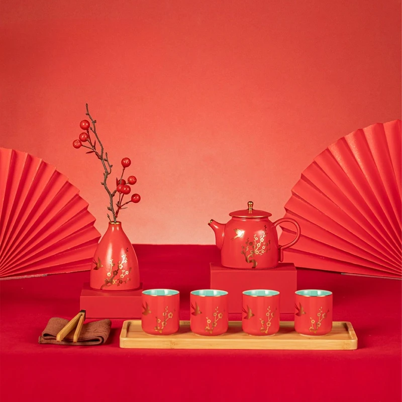 Happy eyebrow tea set, wedding pot of four cups