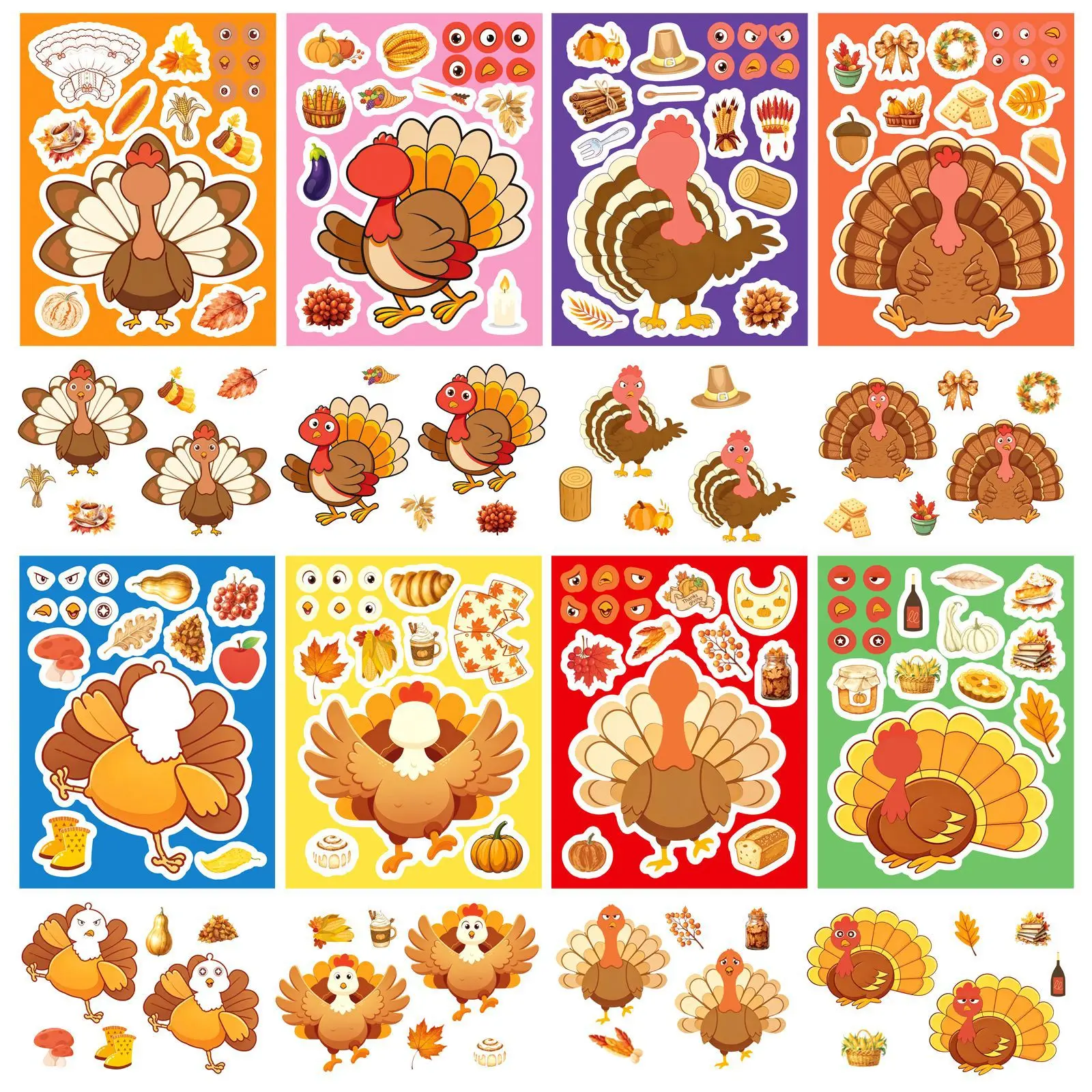 8/16Pcs Thanksgiving Turkey Make A Face Puzzle Stickers Cartoon DIY Assemble Decals Holiday Party Scrapbook Decor