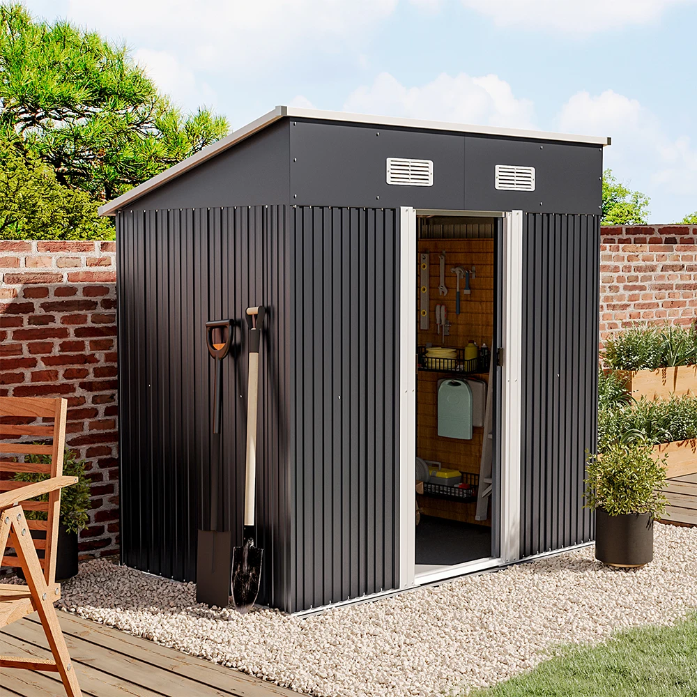 【Breeins】4 X 6 FT Black Outdoor Storage Shed, Metal Large Shed Garden with Air Vent, 2 Slide Door