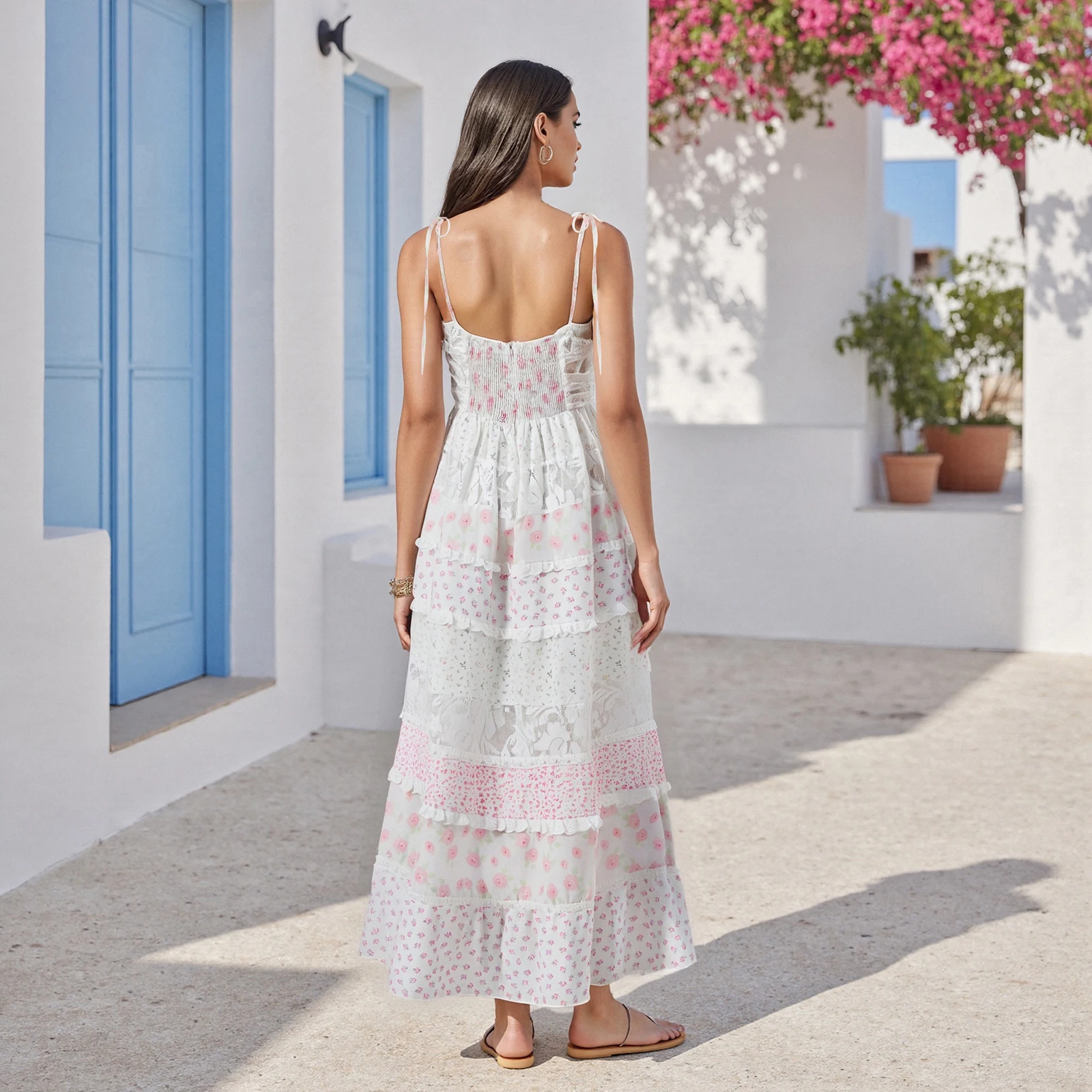 Feminino floral gravata ombro verão férias praia vestidos profundo decote em v cinta de espaguete sem costas a linha em camadas babados vestido longo