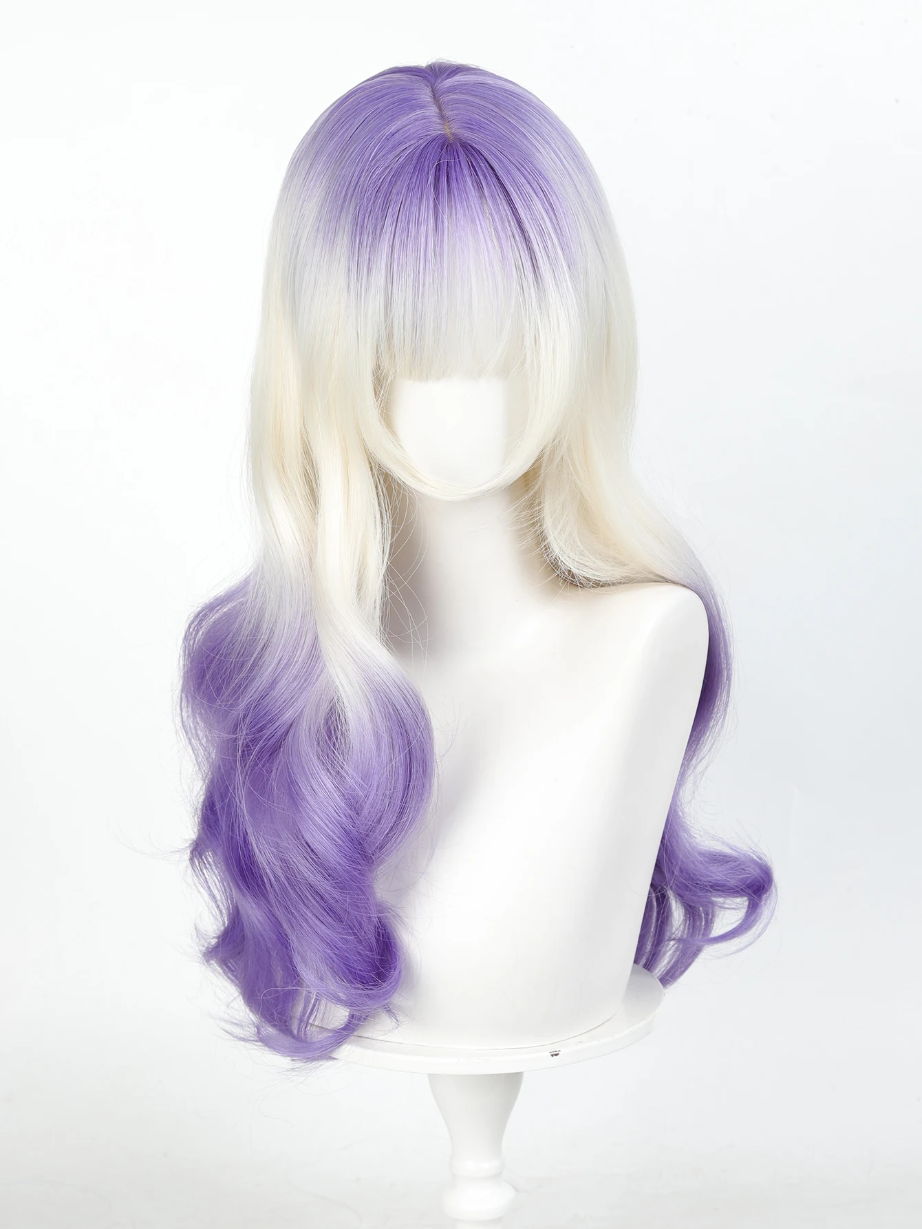 OLACARE Synthetic Long Curly Wavy Purple White Ombre Wigs Natural Wigs Bangs Heat Resistant Cosplay Hair Halloween for Women