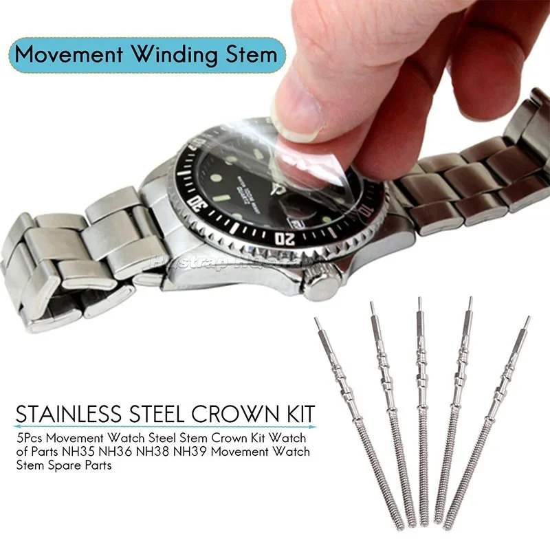 5Pcs Movement Watch Steel Stem Crown Kit for Seiko NH35 NH36 NH38 NH39 Watch Crown Stem Spare Parts Watchmaker Repair Tools