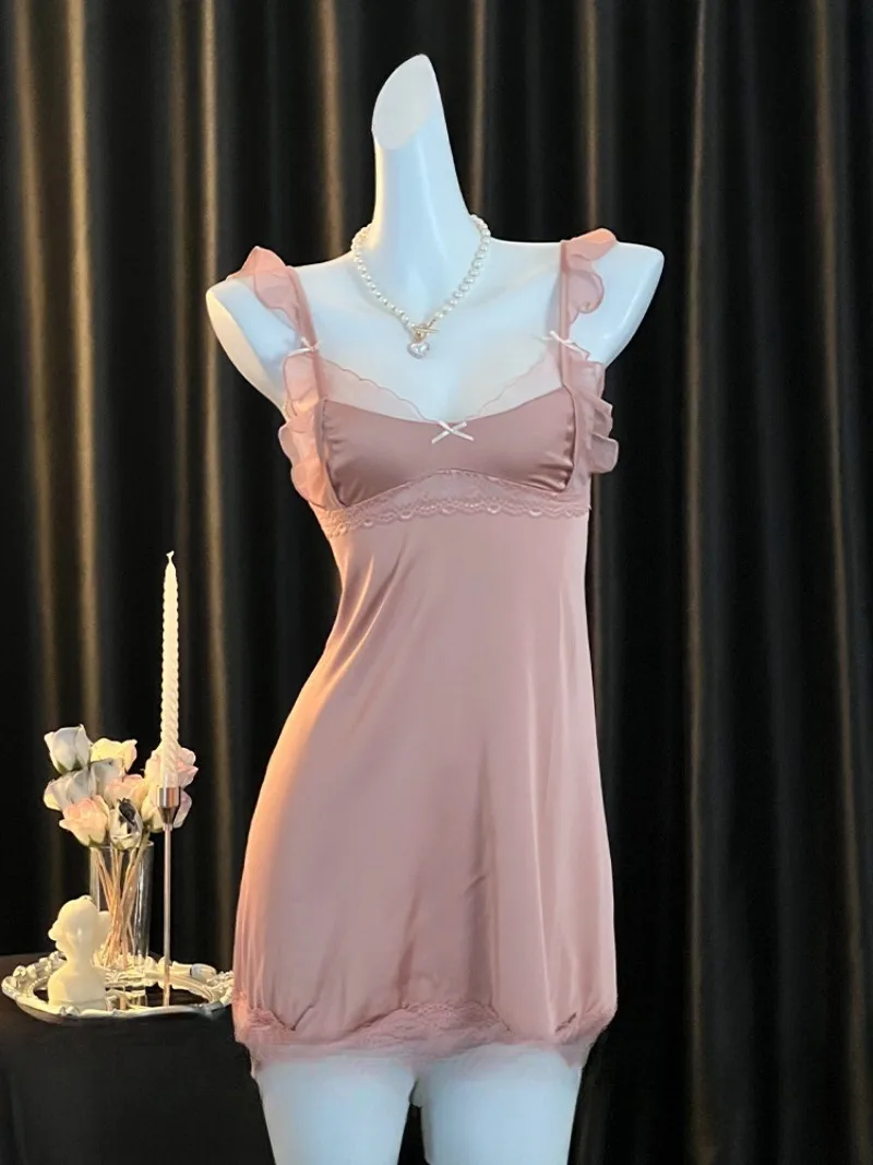 

Sexy Ice Silk Halter Pajamas for Women,Pure Sensual Style with Lace Trim,High-End Thin Homewear Sleep Skirt,Romantic Nightdress