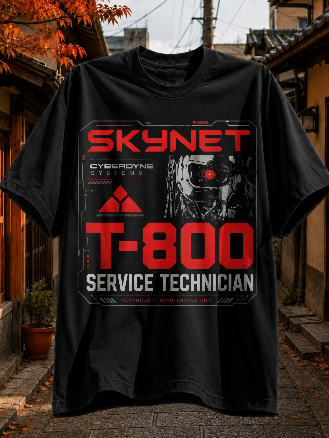 Skynet Cyberdyne Systems T-800 Robot Red Eye AI- Iconic Graphic Unisex Round Neck Tee Casual Wear Themed Apparel Fans