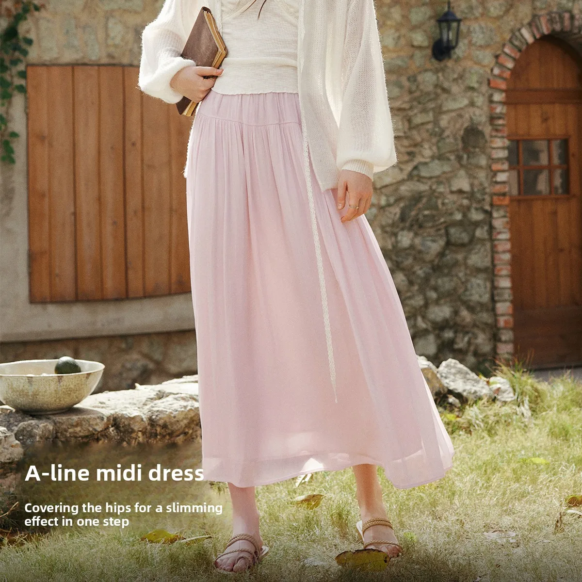 OLrain Women French Soft Cream White A-line Long Skirt Summer 2026 New Elastic Waist Flowy Casual Elegant Maxi Skirt O58XB001802