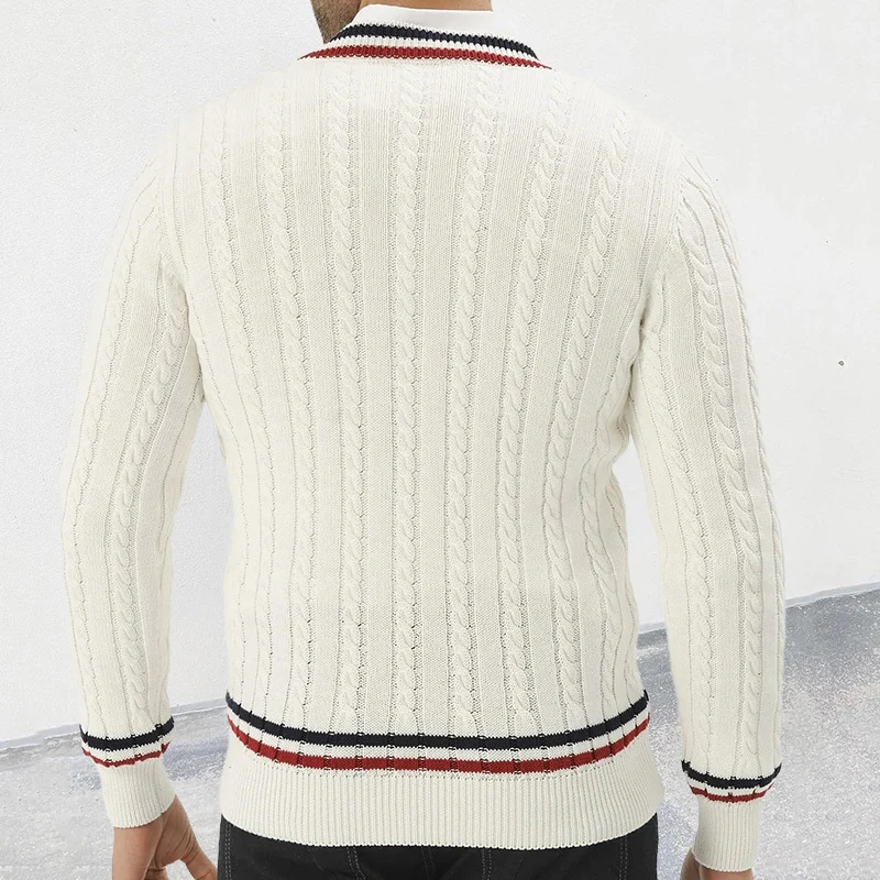 Autumn Winter Long Sleeve Striped Knitted Shirt Men Clothing Fashion Thickness V-Neck Jumper 2024 Business Twisted Slim Sweaters