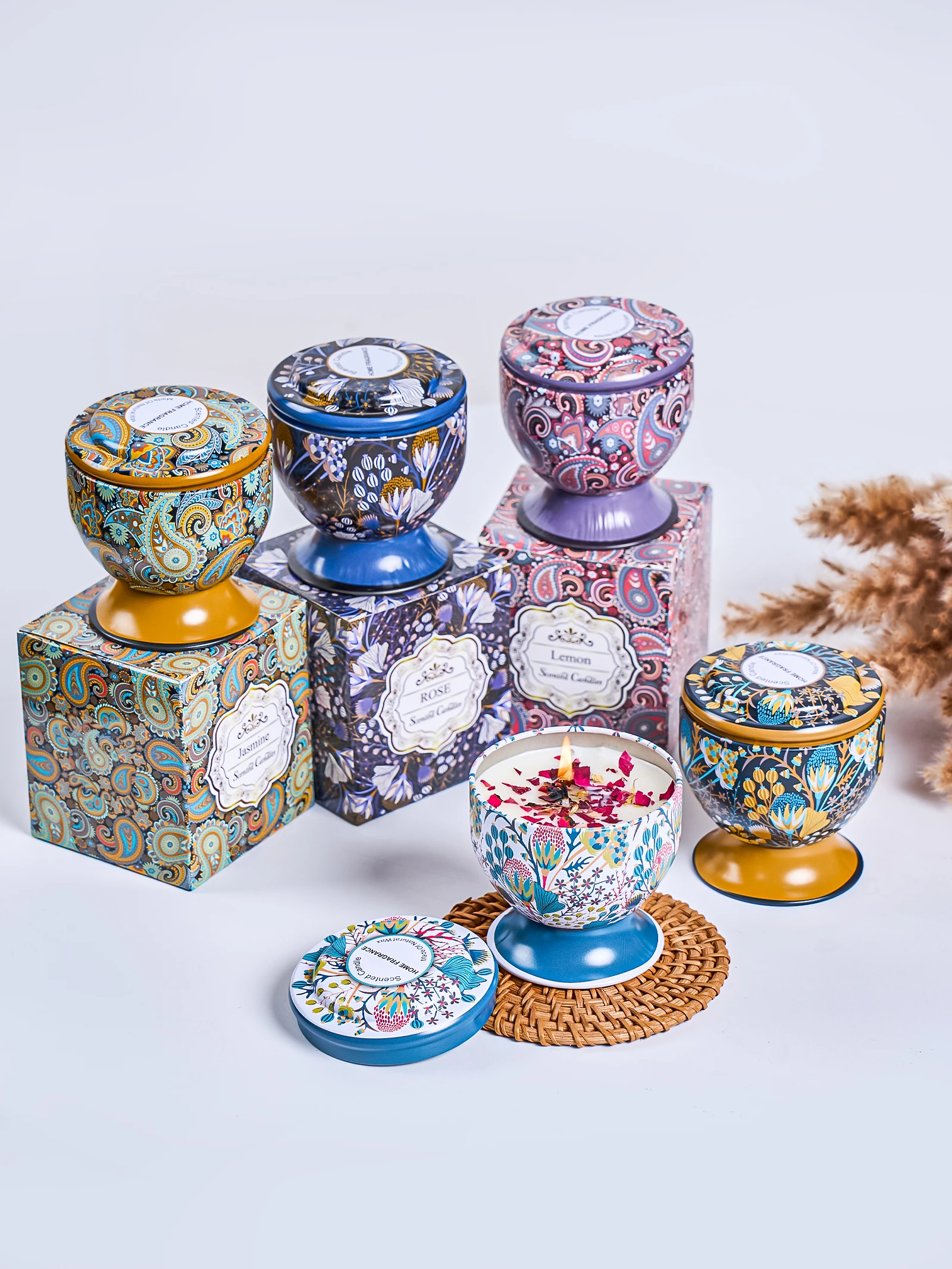 1 Stück Vintage Duftkerzen in Eisendose, Sojawachskerze, Glas, Trockenblumen-Duft, Duftkerze, Hochzeitszeremonie, Geburtstagsgeschenke