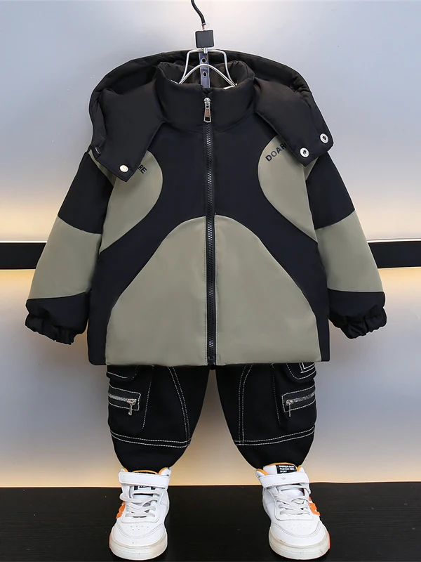 

Thiened Fce Lined Autumn Winter Jaet for Boys Cute Children's Parka Coat Warm Youthful Sle Stand Fit with Hood