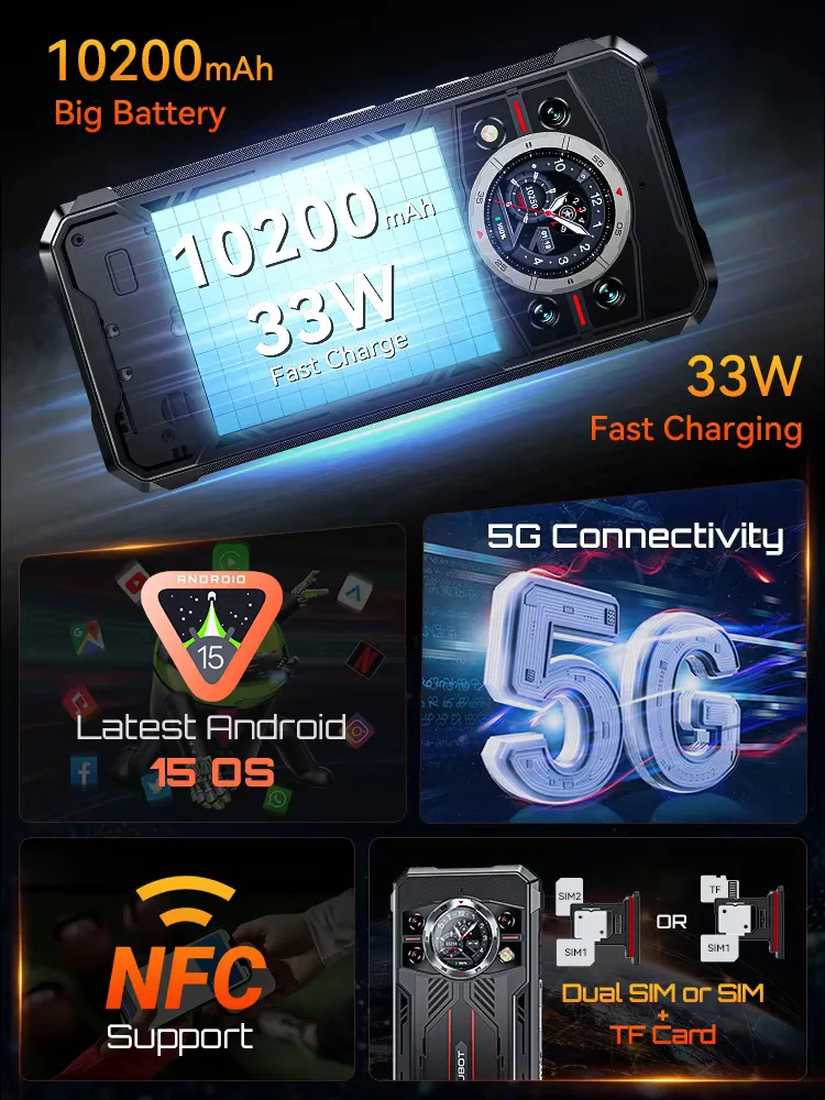 Cubot KingKong 11 Rugged 5G Smartphone 10200mAh Battery Dimensity 7025 32GB RAM(16+16) 256GB ROM 108MP Camera Android 15 NFC