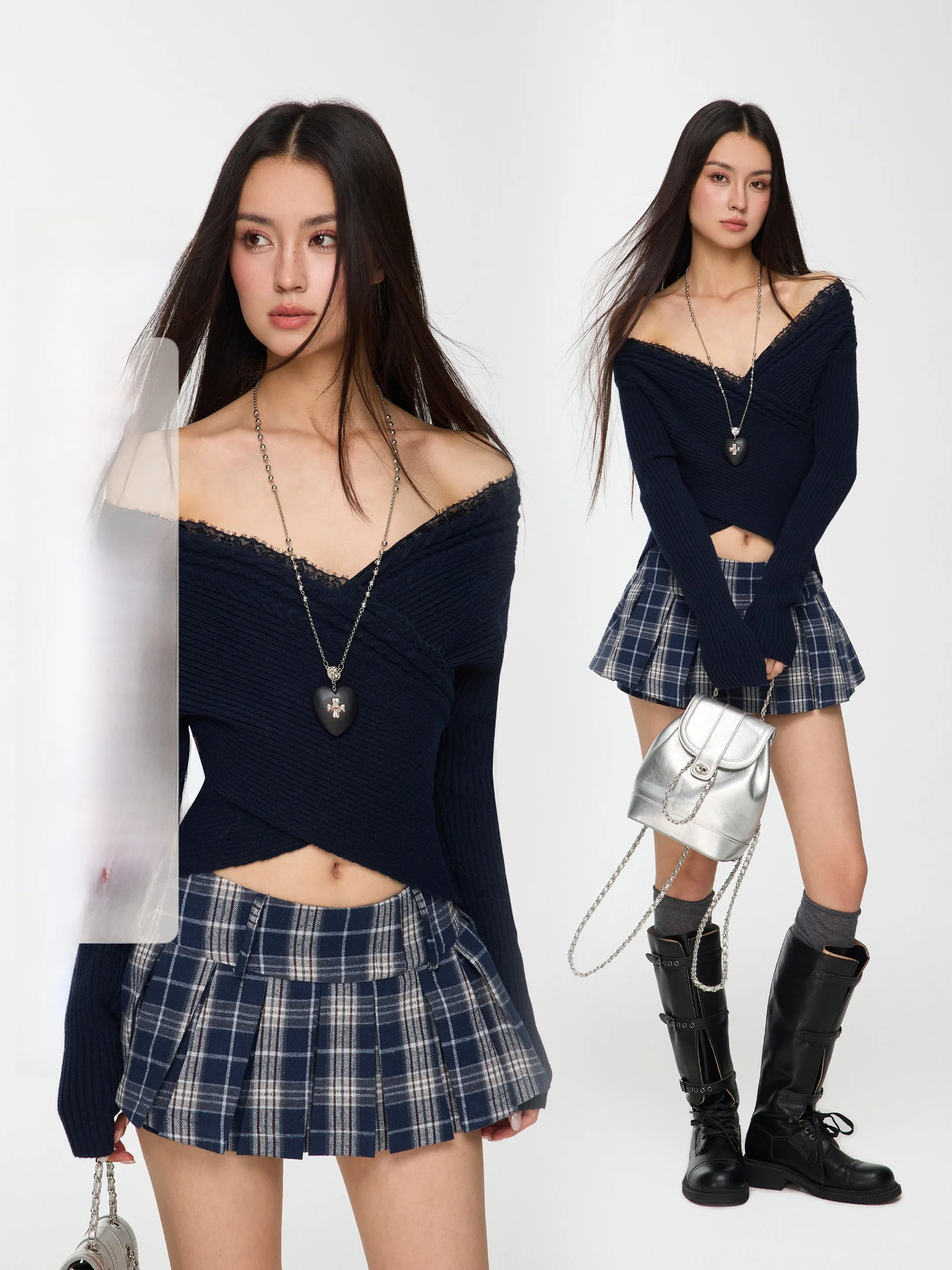 

M Studio Women's ort V-Ne Crossed Lace Splice Sweater Deep Blue Spring Autumn Slim Fit Long Sve Belly Baring Knitwear