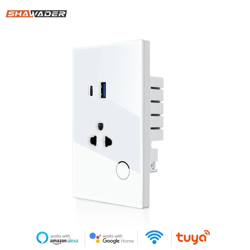 Shawader WIFI Smart Tuya US Socket 15A Touch Glass Panel Thailand Outlet USB Type-C PD 30W Remote Control APP Alexa Google Home