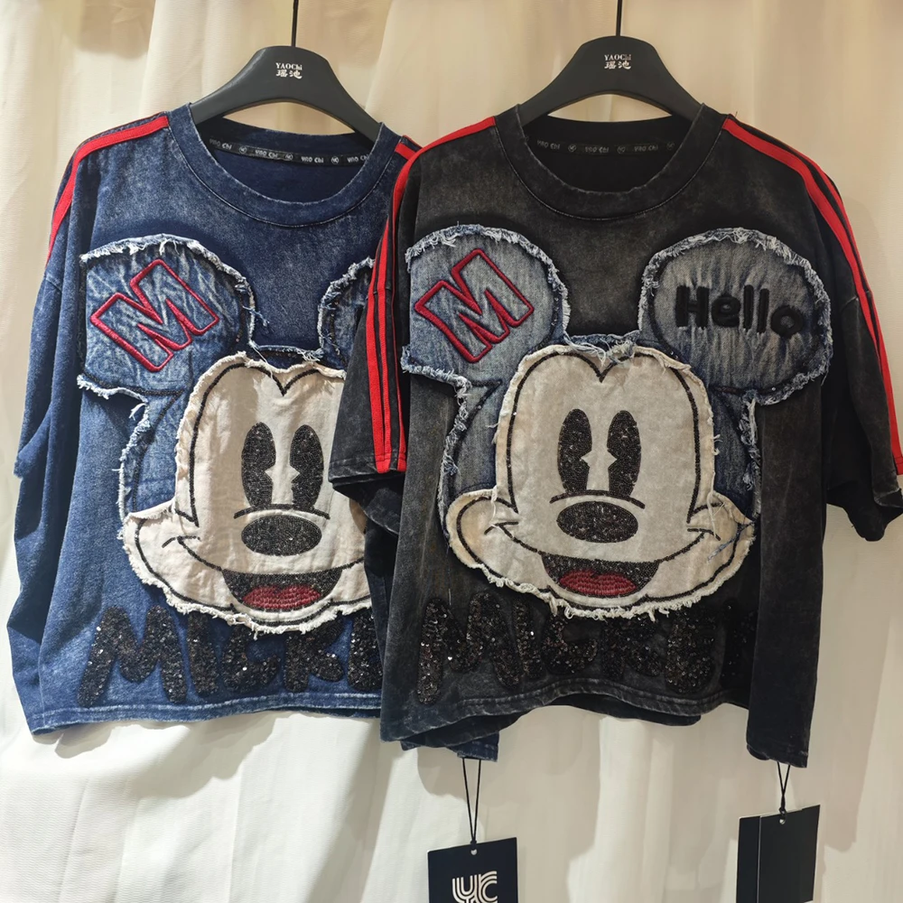 

Футболка больших размеров с мультяшным ретро-принтом, яркими пайетками и джинсовыми вставками, женская, весна-осень, модная новинка