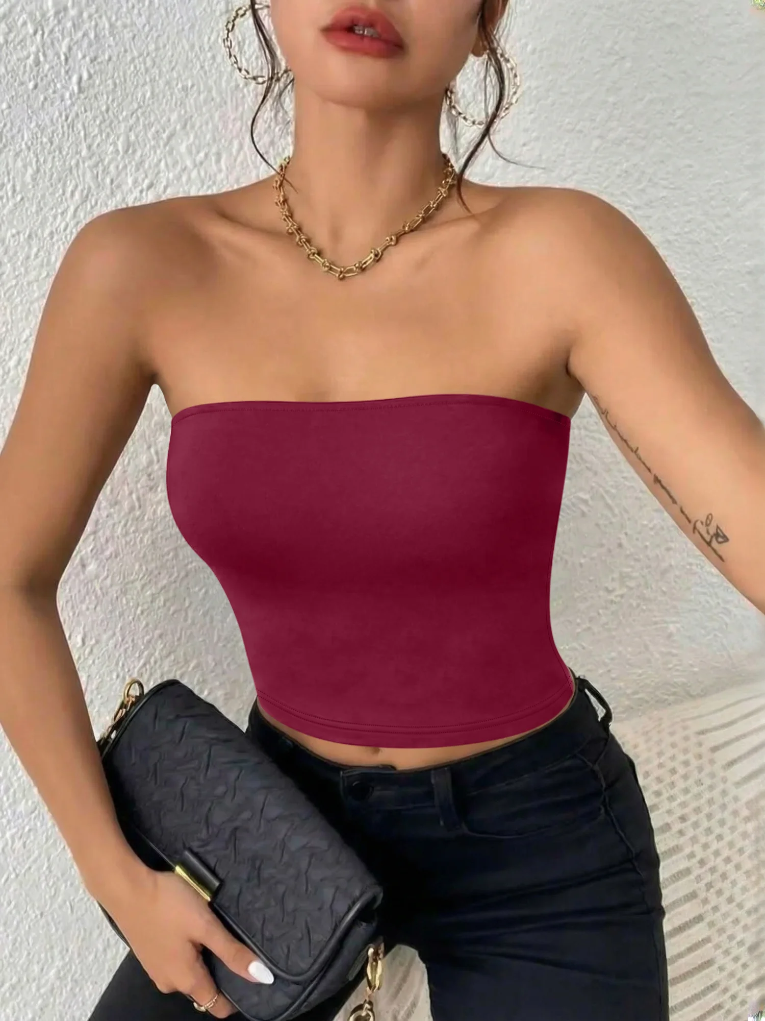 Western Style Contour Tube Top, Back Bare Strapless Crop Blouse for Weekend Urban Hangout & Trend OOTD Shots