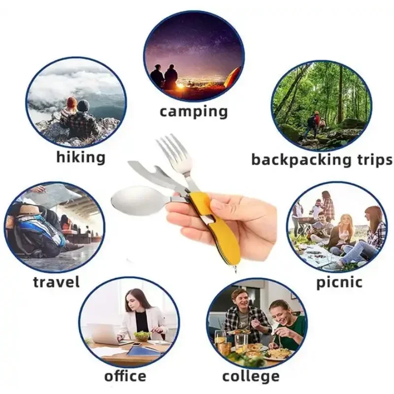 سكين وشوكة قابلة للطي 4 في 1 أدوات مائدة للتخييم والنزهات في الهواء الطلق وملعقة وسكين وشوكة أدوات مائدة قابلة للطي من الفولاذ المقاوم للصدأ