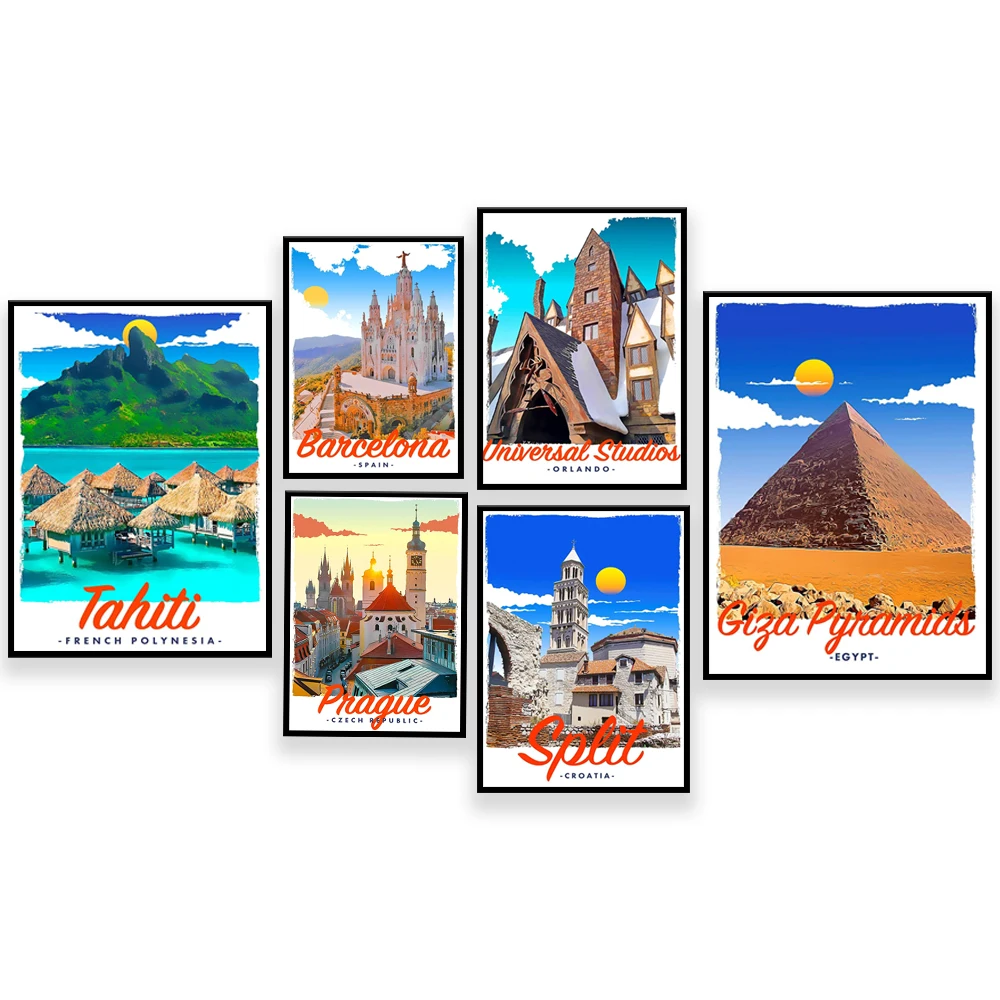 Andalusia, Barcelona, Ibiza, Spain, Polynesia, Croatia, Prague, Czech Republic, Pyramids of Giza, Egypt, Maui travel poster
