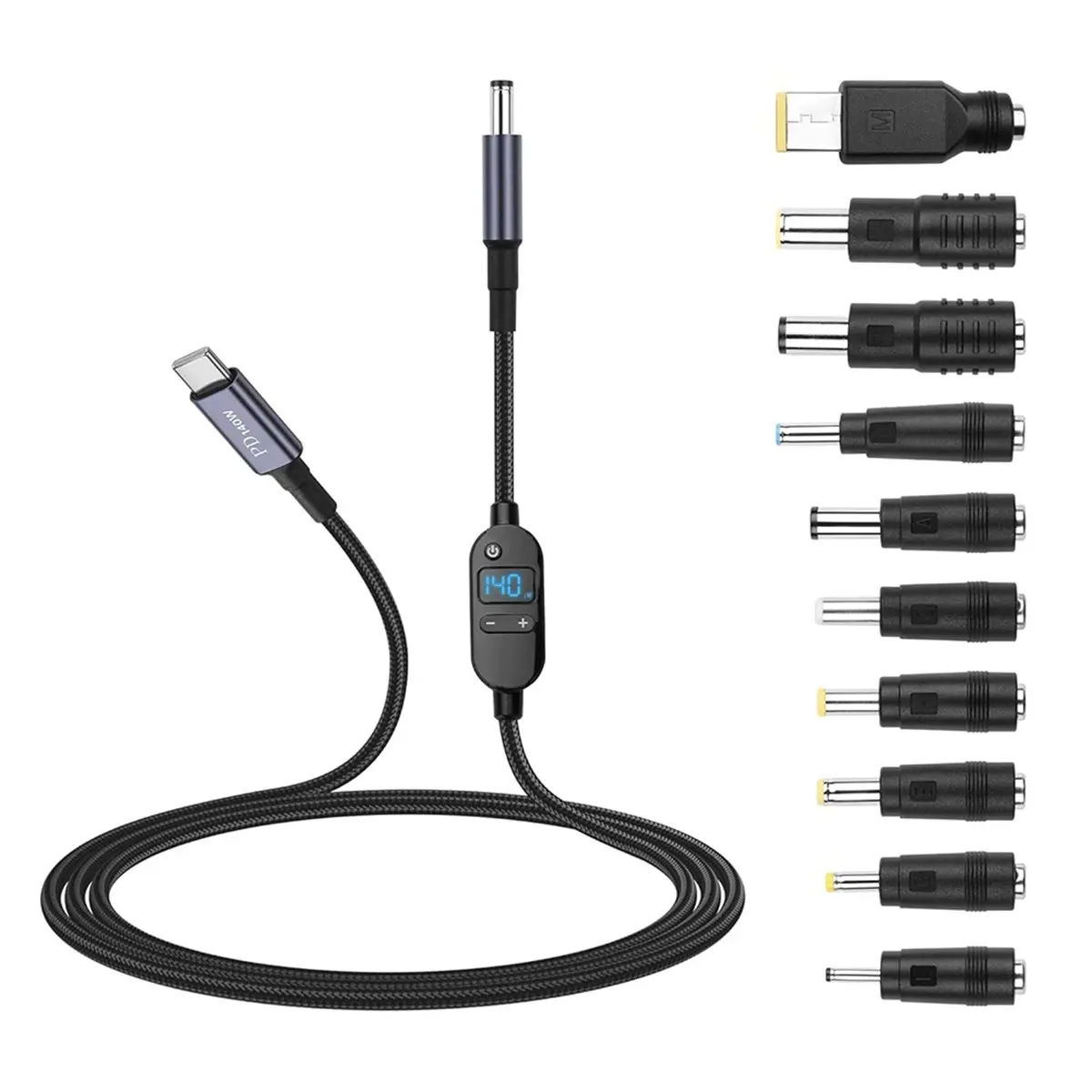 DT89 NEW 140W PD to DC Converter Cable with Adjustable Voltage (5V/9V/12V/15V/20V/28V) and 10 Adapter Heads