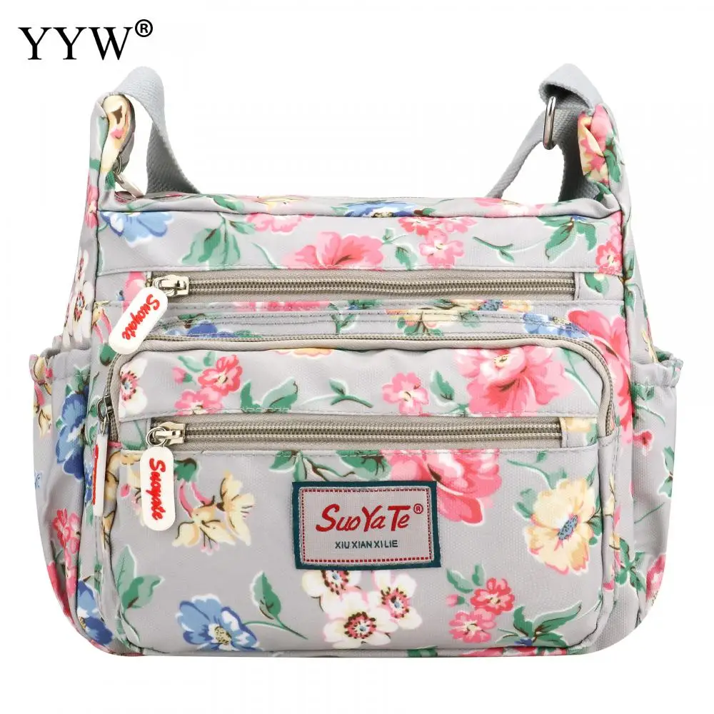 Womens Multi-Pocket Crossbody Handbags Waterproof Canvas Floral Printed Shoulder Messenger Bags for Shopping Hiking Daily Useing