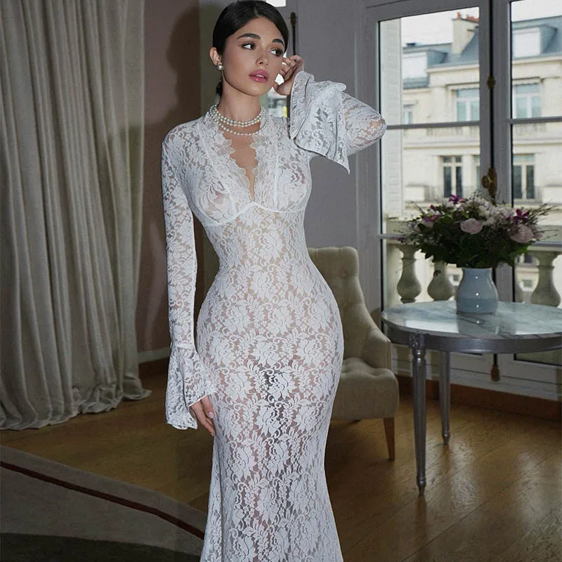 

European and American Women's Fashion Autumn Deep V Lace Sheer Elegant Dress Bodycon Gown