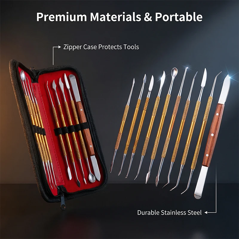 10Pcs/Set Dental Wax Carving Knife Gold Blue Handle Plaster Mixing Knife Spatula Dentist Tools