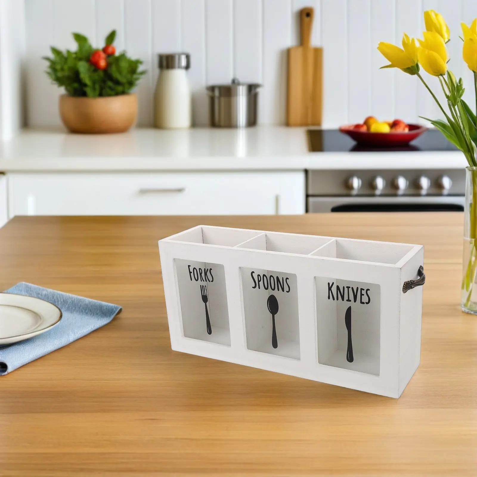 American Style Fork Knife Spoon Organizer Wooden Cutlery Storage Box 3 Compartments Countertop Silverware Holder view 4