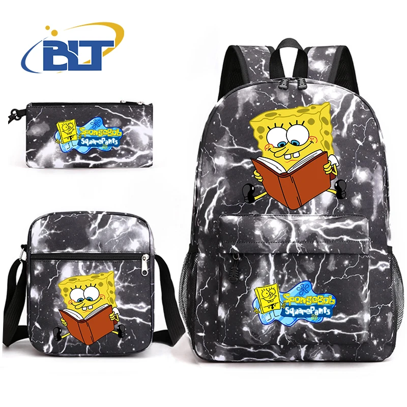 Miniso Bob Esponja Calça Quadrada impressa conjunto de bolsa escolar de estudante bolsa de ombro infantil bolsa de lápis mochila conjunto de três peças