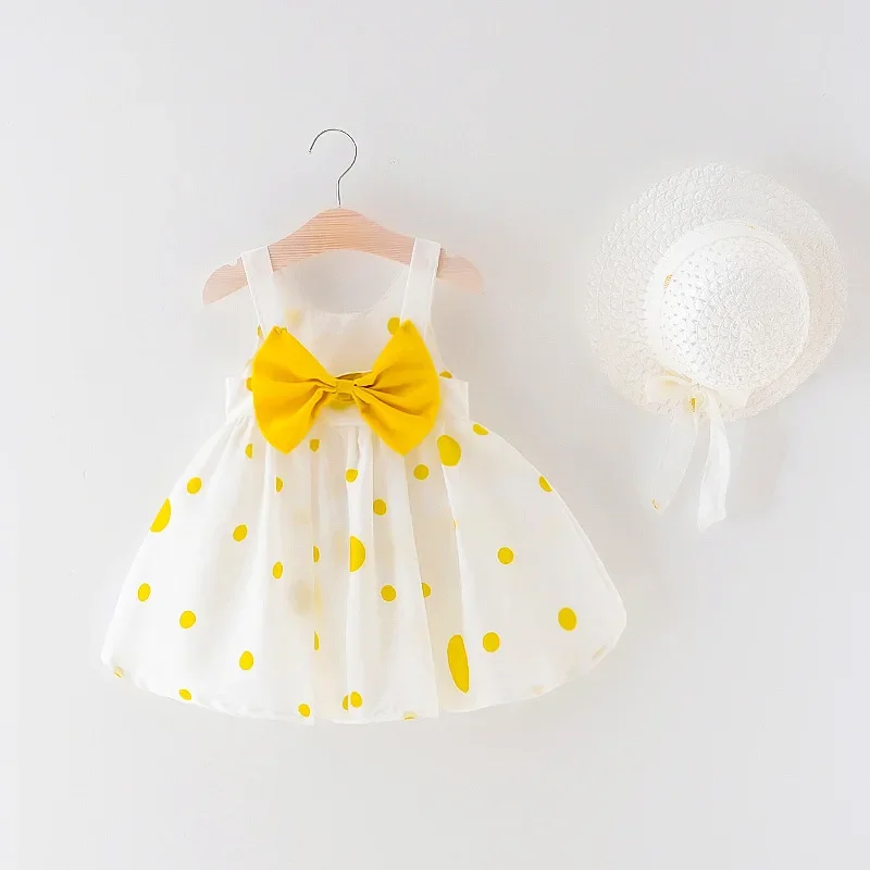 Summer 2/piece set baby girl dress hat girl sleeveless large bow dot printed princess dress children's dress