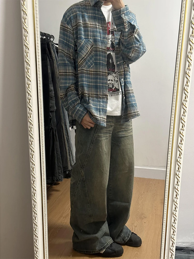 

Cleanfit Blue Plaid Men's irt American Retro Waed Workwear irt Premium Feel Cool Outerwear Loose Fit Long Sve Spring