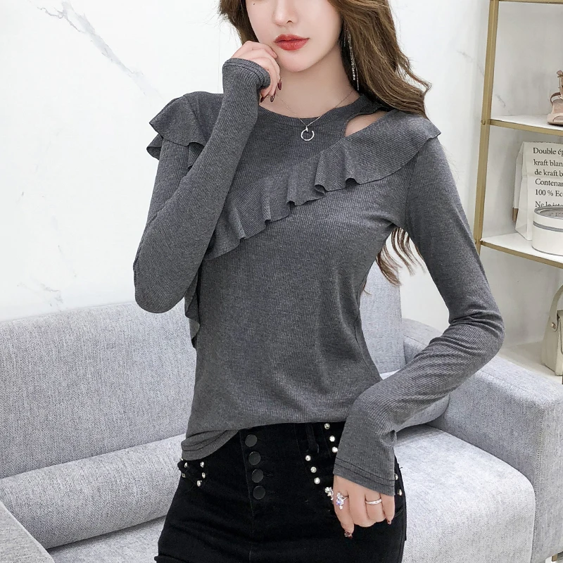 Spring 2024 Sexy Shoulder Bared Long Sleeve Women's T Shirt Fashionable Design Base Layer Shirt Trendy Ruffle Detail Commute ...