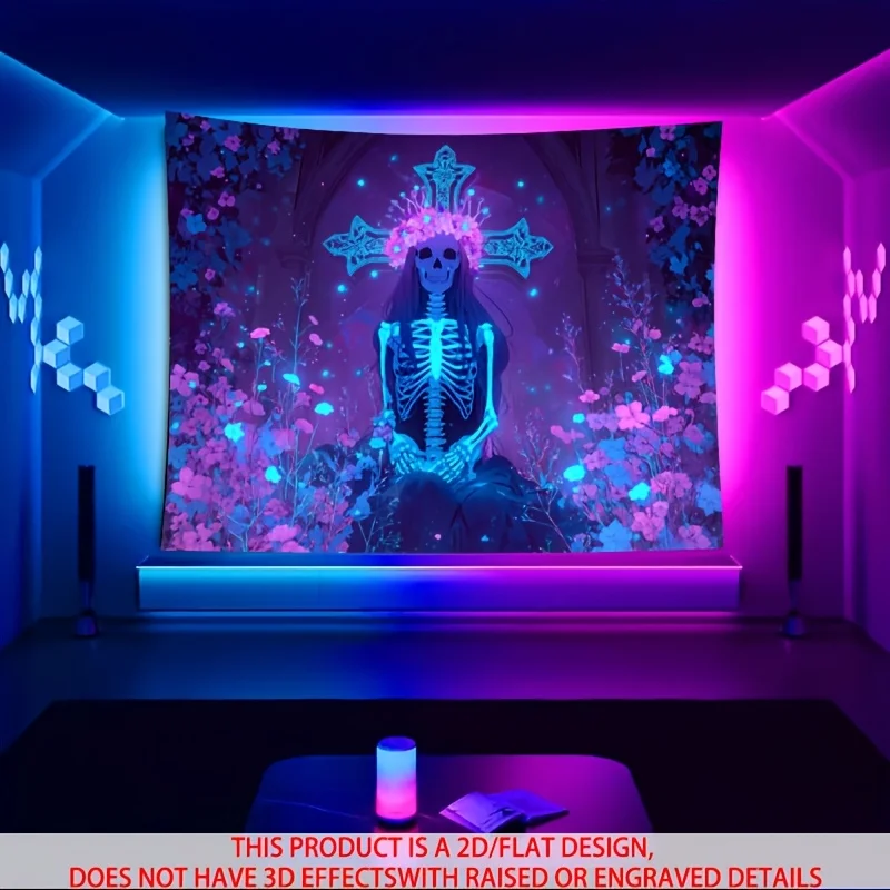VIKAMA Dark Sweet Cool Skeleton Tapestry, Black Light Pink Purple Flower Wall Hanging for Bedroom Living Room