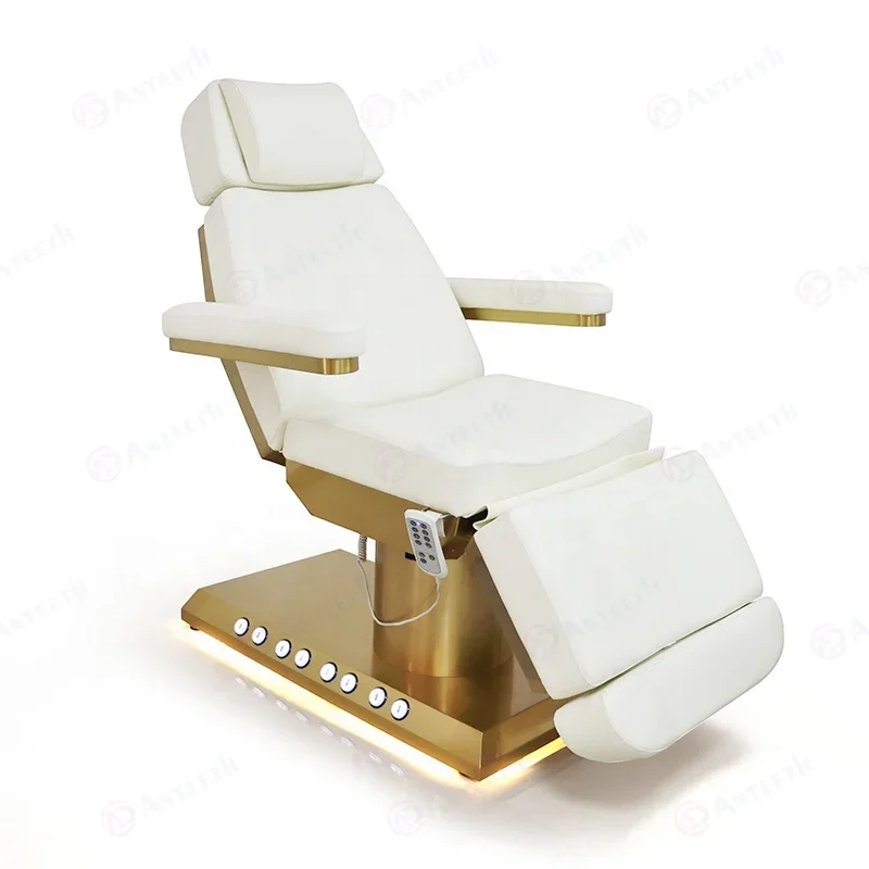 2026 Salon Furniture 3/4 Motors Beauty Salon Chair Gold Metal Base Cosmetic Bed Built-in Foot Control Electric Facial Bed