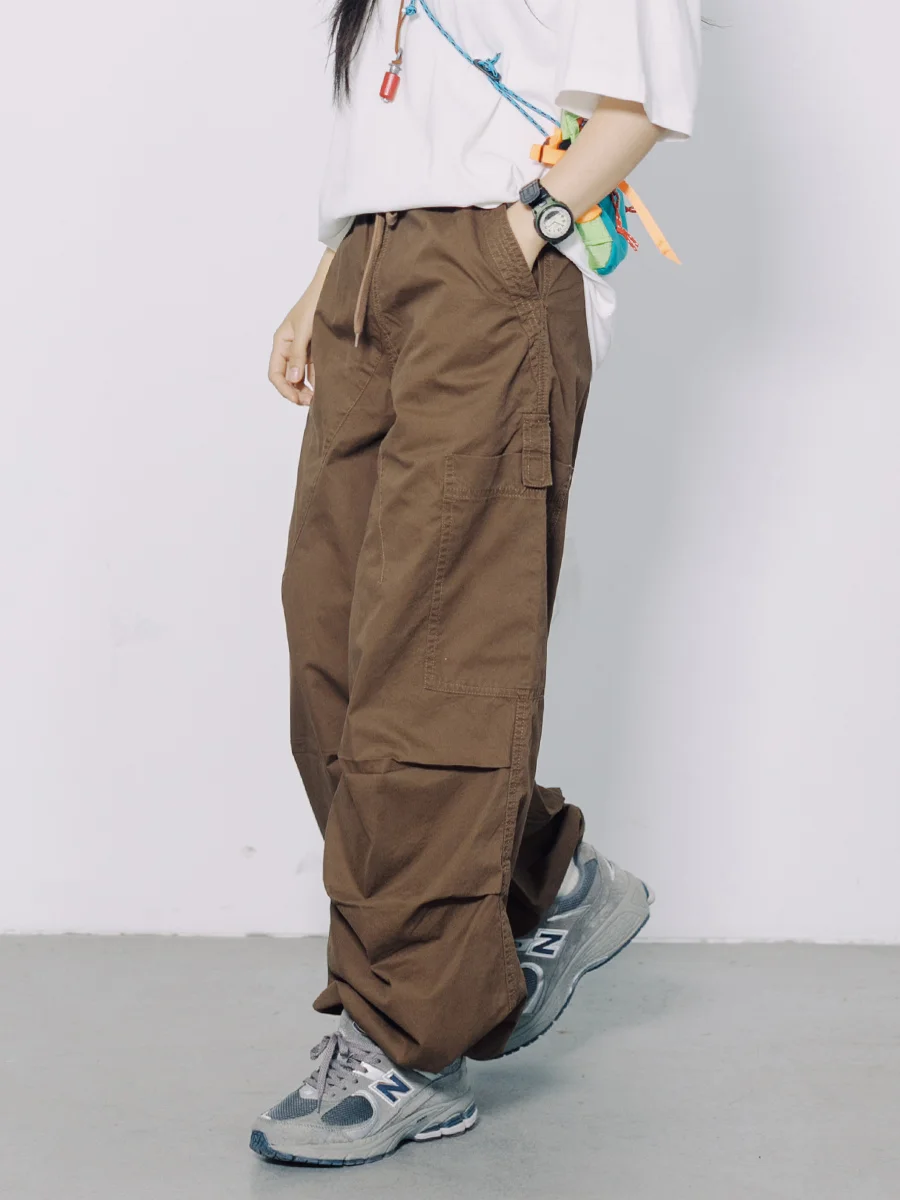 Retro Spliced Multi-Pocket Distressed Straight Leg Work Pants Unisex Loose Parachute Casual Long Trousers Street Style Cotton