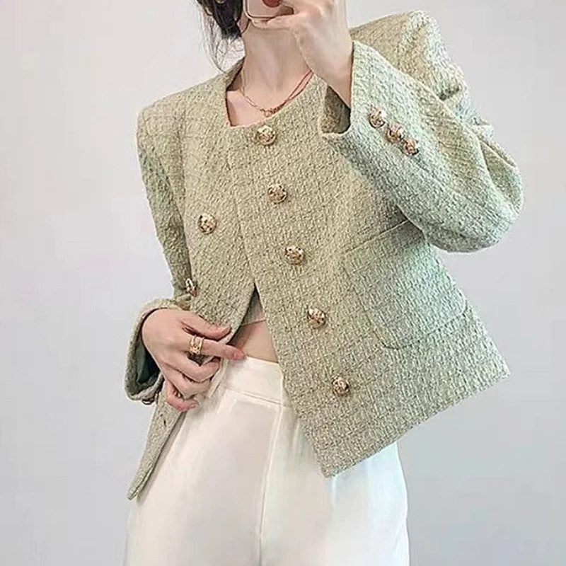 

French Double-breasted Small Fragrance Short Coat Women Temperament O Neck Long-sleeved Tweed Green Jacket Autumn Winter 1462