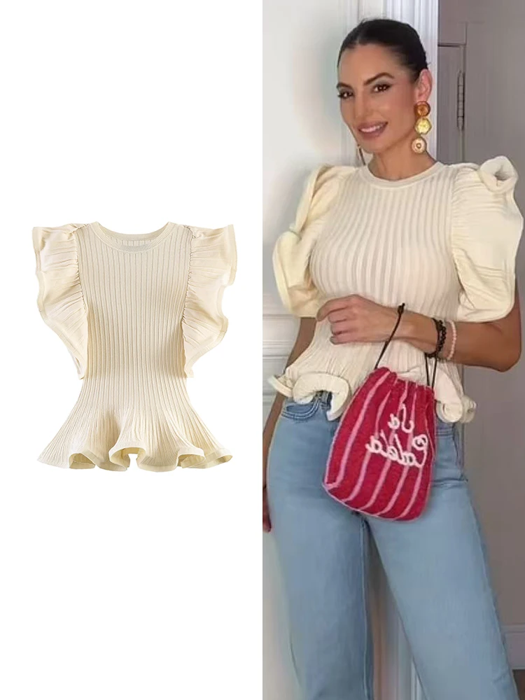 TFMLN New Women's Knitted Tops Ruffles Sleeveless Waist Cinching Top Round Neck Solid Slim Knitwear Elegant Female Partywear